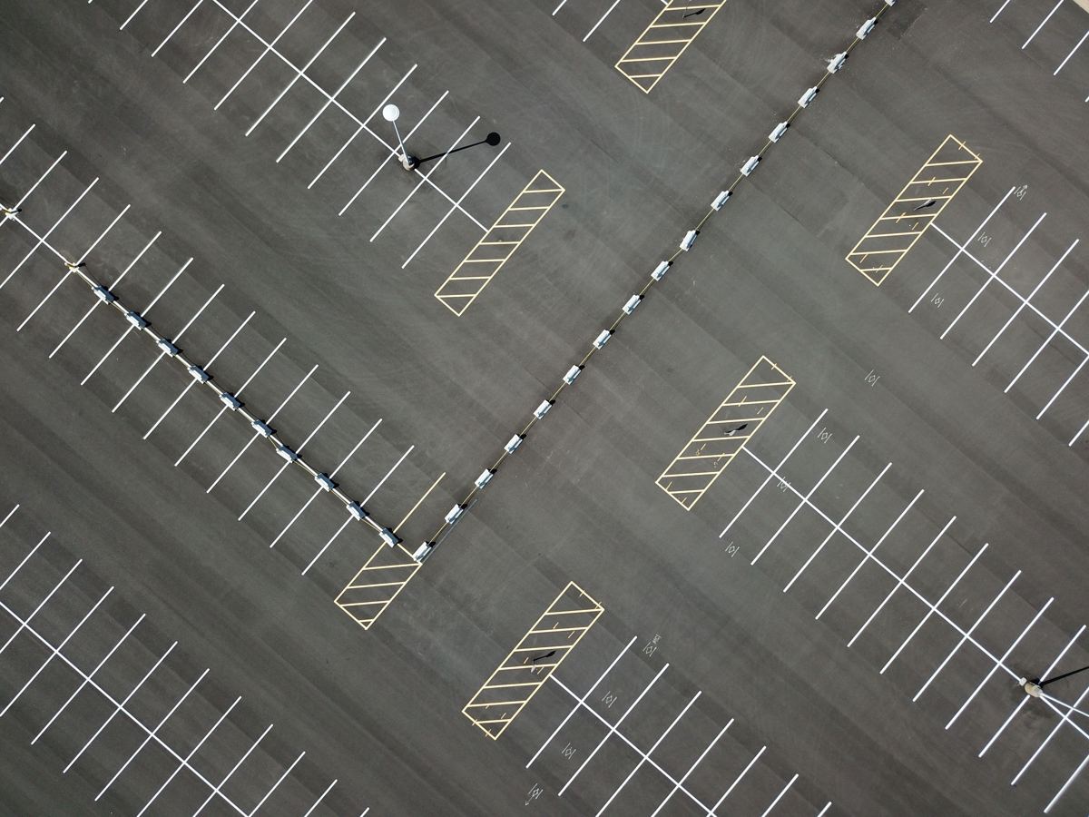 Freshly striped, empty commercial parking lot